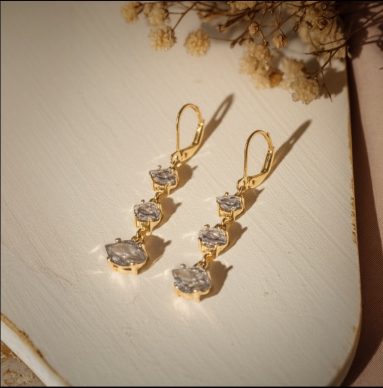 3-Tier Chandelier Leverback Earrings 14K Gold Overlay